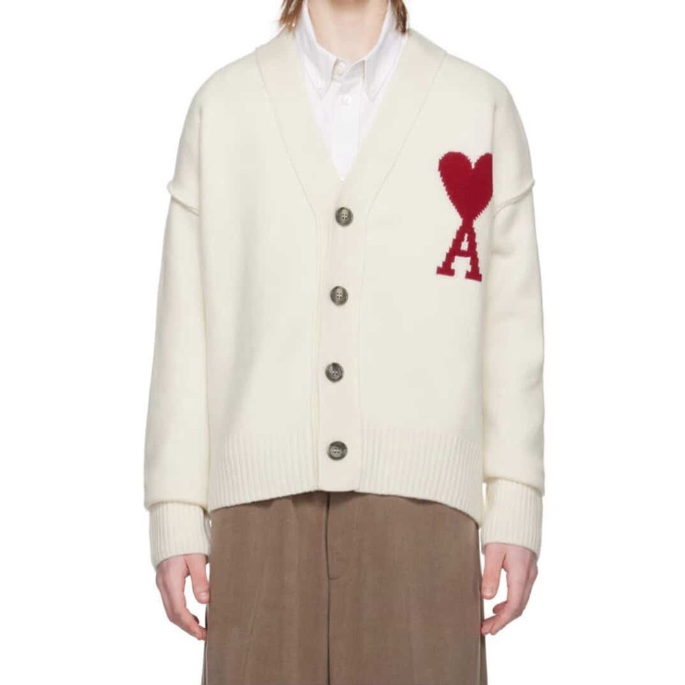 Women's Cream Cardigan with Red Heart Accent